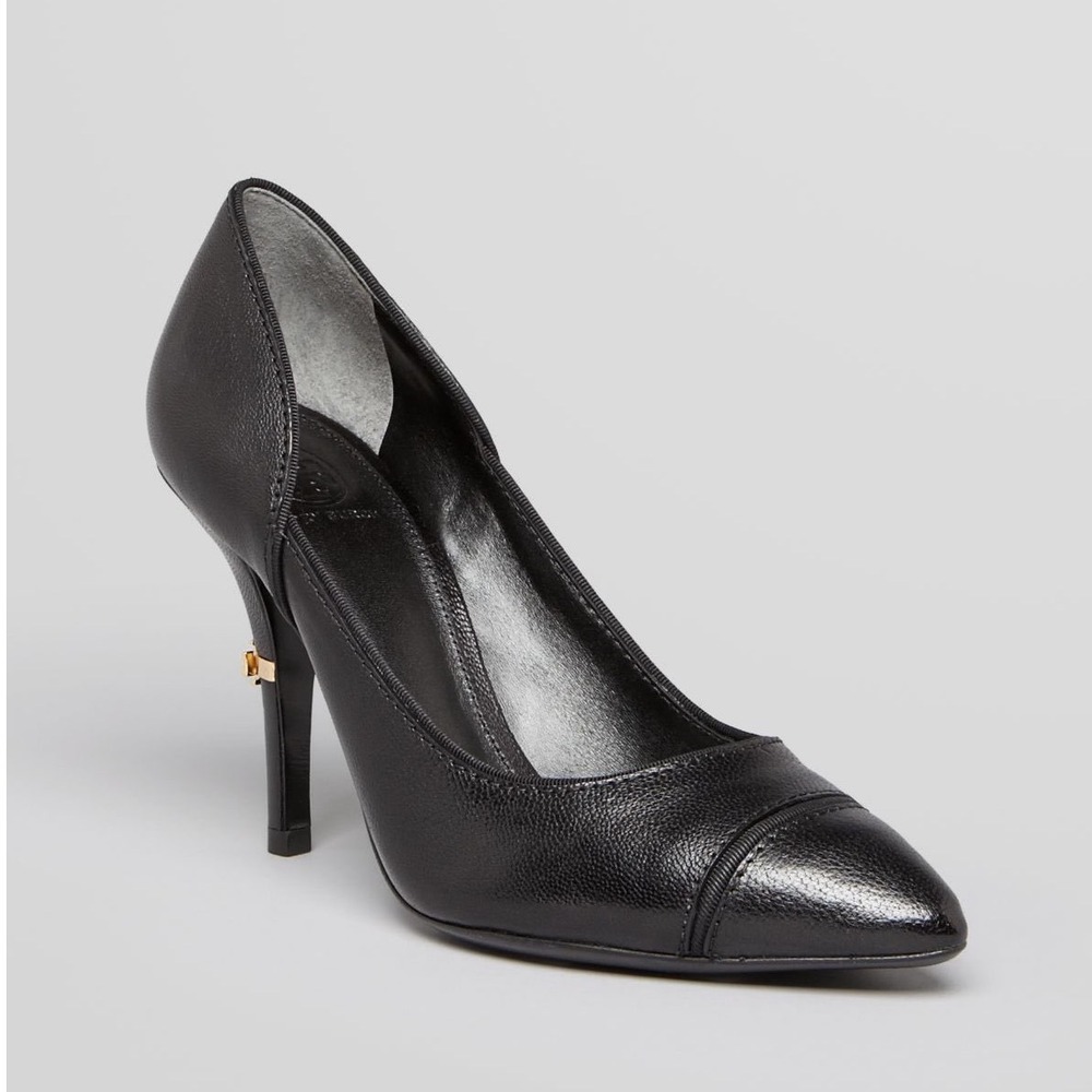 Tory Burch Black Leather Pointed Cap Toe Pumps Gold Logo Stiletto Heels 8